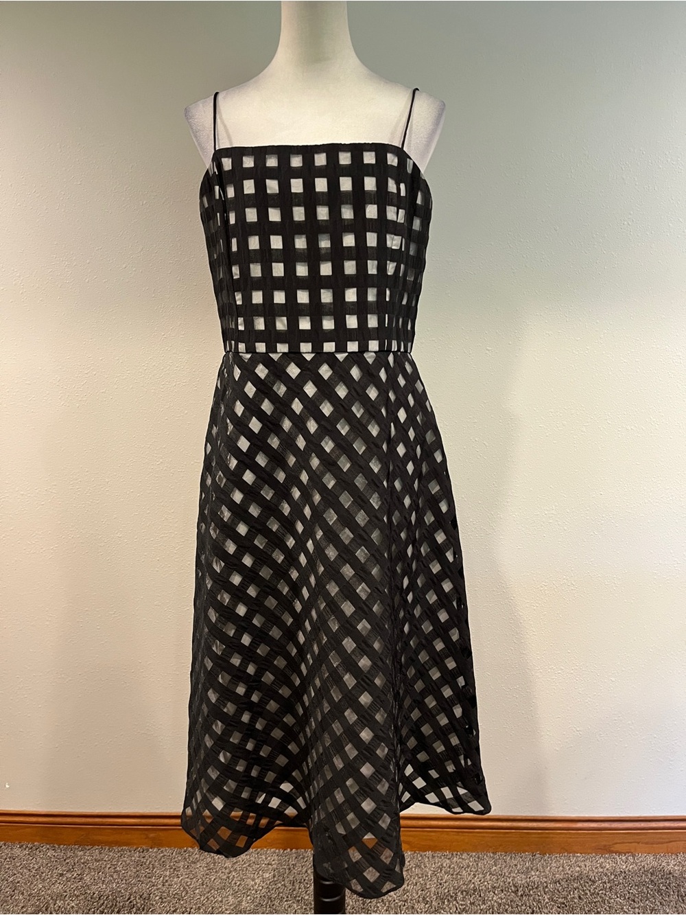 Jessica Howard Black Gingham-Overlay a-line Midi Dress with straps size 12